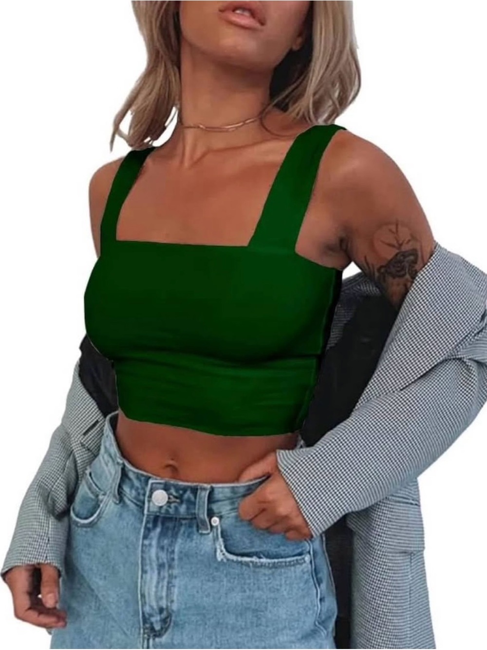 Square Neck Dark Green Crop Tank Top - Women's